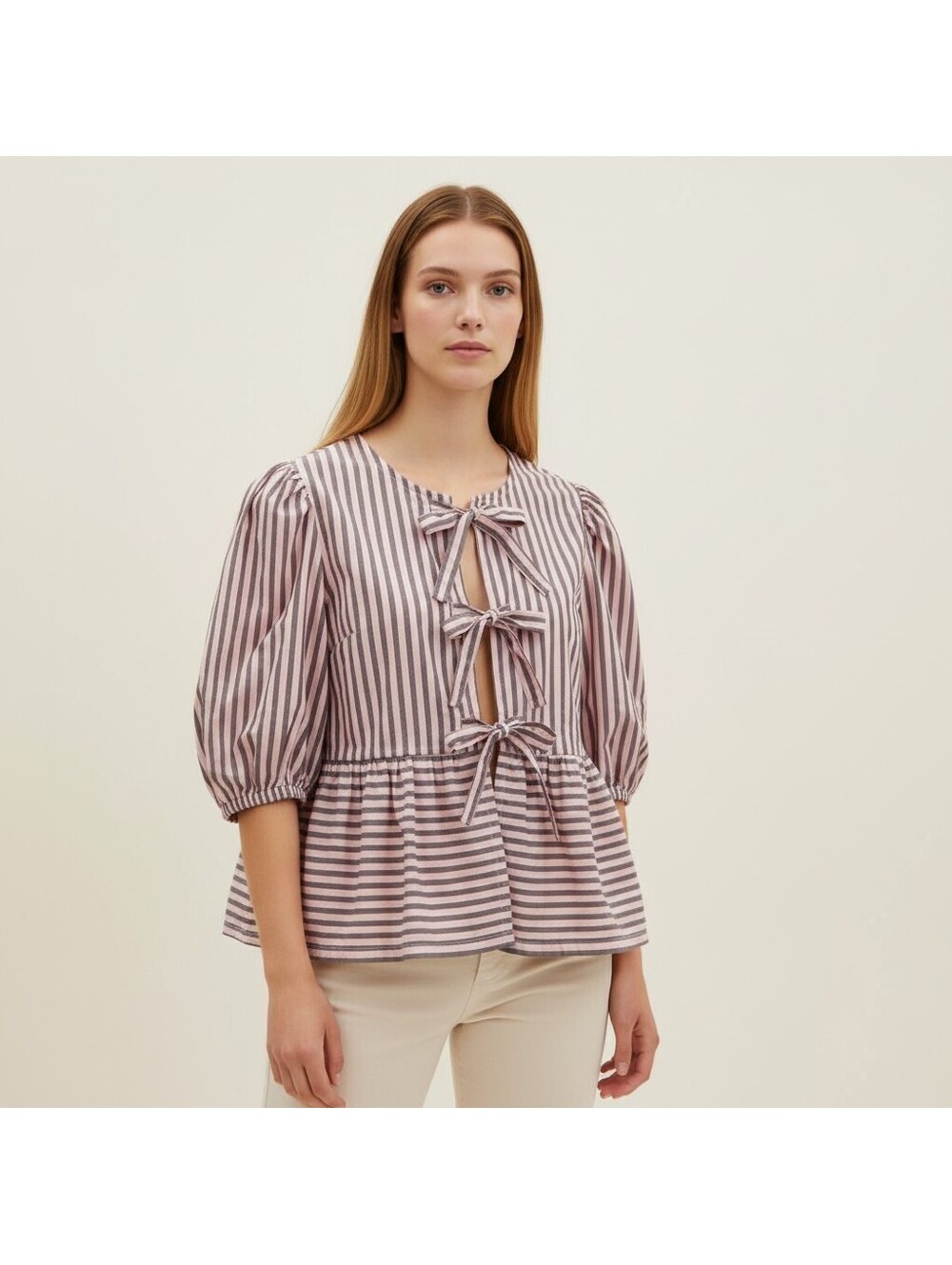 Unbranded Top Women M Medium Pink Striped Short Sleeve Tie Up Round Neck Casual